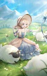 1girl artist_request belt belt_buckle betty&#039;s_adventure_(shining_nikki) blonde_hair blue_belt blue_dress blue_eyes blue_flower blue_sky bow bowtie braid brown_bow brown_bowtie brown_choker buckle bug butterfly child choker cloud collarbone day dress dress_flower eyelashes flower frilled_sleeves frills full_body game_cg gloves hair_flower hair_ornament hairclip hand_on_headwear happy hat highres hill insect jewelry kneeling layered_dress light_particles light_rays long_dress looking_ahead medium_hair mountainous_horizon necklace nikki_(series) o-ring o-ring_belt official_art on_grass open_mouth outdoors outstretched_arm puffy_short_sleeves puffy_sleeves sheep shining_nikki short_sleeves single_braid sky smile solo sun_hat sunlight susan_(shining_nikki) tareme tree white_flower white_gloves white_hat yellow_dress