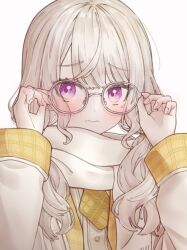 1girl adjusting_eyewear blonde_hair blush braid closed_mouth frown glasses highres jacket komori_met komori_met_(6th_costume) long_hair looking_at_viewer ojichaman_94 purple_eyes round_eyewear scarf simple_background sleeves_past_wrists solo twin_braids upper_body virtual_youtuber vspo! white_background white_jacket