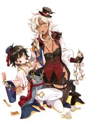 2girls :o apple972 black_hair black_legwear breasts chinese_clothes cleavage collarbone cross cross_necklace dark_skin dark-skinned_female facial_mark fangs garlic garter_straps gloves halloween hat high_heels inzup jewelry jiangshi kneeling large_breasts long_hair looking_at_viewer mini_hat mini_top_hat mole mole_under_mouth multiple_girls necklace on_one_knee open_mouth original pale_skin pantyhose scar short_hair simple_background small_breasts thighhighs top_hat vampire white_background white_hair wide_sleeves yellow_eyes