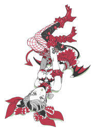 1girl alternate_costume apple972 bare_shoulders bow breasts collar demon_tail demon_wings double_bun female_focus hair_bow hair_bun inzup jojo_no_kimyou_na_bouken kuujou_jolyne legs_up looking_at_viewer solo spiked_collar spikes spot_color tail upside-down wings