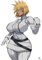 Rule 34 | 1girl, 2024, absurdres, artist name, belt, black belt, bleach, blonde hair, blue tattoo, breasts, colored eyelashes, cosplay, costume switch, crossed bangs, dark-skinned female, dark skin, espada, facial tattoo, female focus, gloves, green eyes, hair between eyes, highres, large breasts, looking at viewer, pants, shirt, short hair, signature, simple background, solo, standing, tattoo, tier harribel, white background, white gloves, white pants, white shirt, xhaart