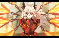 Rule 34 | 1girl, armor, blonde hair, breastplate, duel monster, glowing, glowing eyes, horns, long hair, looking at viewer, mechanical horns, nanju bami, red eyes, sky striker ace - kagari, sky striker ace - raye, solo, upper body, yu-gi-oh!