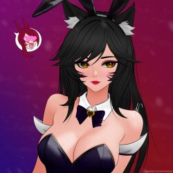 2girls absurdres ahri_(league_of_legends) akenosenpaii animal_ear_fluff animal_ear_hairband animal_ears black_bow black_bowtie black_hair black_leotard bow bowtie breasts brown_eyes cleavage commentary detached_sleeves english_commentary fake_animal_ears fox_girl hairband heart heart_in_eye highres league_of_legends leotard lipstick long_hair looking_at_viewer makeup multiple_girls playboy_bunny rabbit_ear_hairband rabbit_ears red_lips strapless strapless_leotard symbol_in_eye xayah