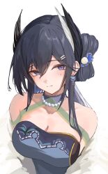 Rule 34 | 1girl, absurdres, arknights, bare shoulders, bead necklace, beads, black hair, cantabile (arknights), highres, jewelry, long hair, mole, mole on cheek, necklace, nekomatamago, purple eyes, simple background, solo, strapless, upper body, white background
