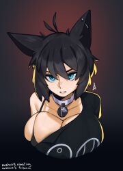 Rule 34 | 1girl, absurdres, animal ears, aurahack, backlighting, black hair, blue eyes, blush, borrowed character, breasts, choker, cleavage, highres, large breasts, raine (zana), solo, teeth, upper body, wolf ears, zanamaoria