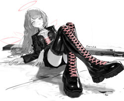 1girl arknights black_jacket blunt_bangs boots collared_jacket cross-laced_clothes cross-laced_top crossed_ankles detached_wings energy_wings greyscale gun halo hand_on_floor highres jacket lace-up_boots leaning_back lemuen_(arknights) long_hair long_sleeves looking_at_viewer monochrome on_floor on_ground rifle shirt sniper_rifle solo spot_color thigh_boots traditional_halo twitter_username weapon white_shirt wings zeradok