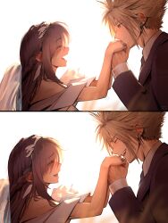 Rule 34 | 1boy, 1girl, absurdres, bare shoulders, black hair, black jacket, blonde hair, blue eyes, blush, bride, closed eyes, cloud strife, collared shirt, commentary, couple, dress, earrings, feather earrings, feather hair ornament, feathers, fenrir (final fantasy), final fantasy, final fantasy vii, final fantasy vii advent children, from side, hair ornament, height difference, highres, holding hands, jacket, jewelry, long hair, looking at another, necktie, open mouth, profile, ring, safaia, shirt, smile, spiked hair, stud earrings, suit jacket, symbol-only commentary, tifa lockhart, upper body, wedding, wedding dress, wedding ring, white background, white dress, white feathers, white shirt