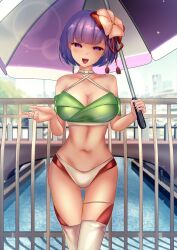1girl aged_up alternate_breast_size alternate_costume bare_shoulders breasts bridge choker city cleavage collarbone commentary_request cowboy_shot criss-cross_halter crop_top cropped_shirt crossed_legs day flower flower_on_head green_shirt halterneck hieda_no_akyuu highres holding holding_umbrella large_breasts layered_panties lens_flare midriff navel no_pants off-shoulder_shirt off_shoulder open_mouth outdoors panties purple_eyes purple_hair race_queen red_panties shirt short_hair short_sleeves shounen_(hogehoge) smile solo standing thigh_strap thighhighs touhou umbrella underwear white_choker white_panties white_thighhighs