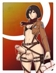 1futa bikini bikini_top_only black_hair brown_jacket dazol futanari jacket logo mikasa_ackerman muscular muscular_female paradis_military_uniform penis penis_ornament scarf shingeki_no_kyojin simple_background solo survey_corps_(emblem) swimsuit tagme testicles
