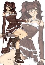 1girl alternate_costume bag bare_shoulders breasts brown_bag brown_eyes brown_hair brown_leg_warmers brown_shirt brown_skirt chaosoded cleavage collar earrings full_body glasses grin hand_up handbag heart_collar highres holding holding_bag jewelry kujikawa_rise layered_skirt leg_warmers long_hair long_sleeves looking_to_the_side mary_janes off-shoulder_shirt off_shoulder persona persona_4 ribbed_leg_warmers shirt shoes skirt sleeves_past_wrists smile solo sphere_earrings standing standing_on_one_leg twintails white_collar