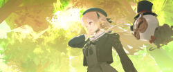 1girl b.c.n.y. beret blonde_hair cropped_torso dark-skinned_female dark_elf dark_skin elf from_below hat highres hololive long_hair official_alternate_costume pointy_ears red_eyes shiranui_flare shiranui_flare_(casual) solo sunlight virtual_youtuber