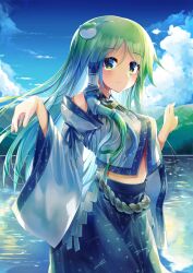 1girl absurdres blue_ribbon blue_skirt blue_sky breasts closed_mouth cowboy_shot day detached_sleeves eri_(31530139) frog_hair_ornament green_eyes green_hair hair_ornament hair_tubes highres kochiya_sanae lake large_breasts long_hair looking_at_viewer no_nose ribbon rope shide shimenawa single_hair_tube skirt sky sleeve_ribbon snake_hair_ornament solo touhou water wide_sleeves