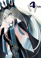 1girl blue_eyes crown fate/grand_order fate_(series) highres kauderni01356 long_hair looking_at_viewer morgan_le_fay_(fate) morgan_le_fay_(queen_of_winter)_(fate) ponytail solo spikes veil white_hair