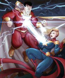 1boy 1girl billy_batson black_hair blank_eyes blonde_hair blue_bodysuit blue_eyes bodysuit boots breasts cape captain_marvel carol_danvers crossover dc_comics devilhs earrings gloves glowing glowing_eyes highres jewelry large_breasts lightning long_hair looking_at_another marvel open_mouth red_bodysuit red_footwear red_gloves red_sash sash shazam short_hair superhero_costume waist_sash white_cape