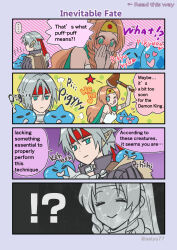 Rule 34 | !?, ..., 1boy, 1girl, aelys77, aerith gainsborough (supreme sage garb), bare shoulders, black background, blush, breasts, brown cape, brown hair, cape, circlet, cosplay, covering own mouth, dragon quest, dragon quest iii, dragon quest iv, dress, elbow gloves, english text, final fantasy, final fantasy vii, final fantasy vii ever crisis, fur-trimmed cape, fur trim, gem, gloves, green cape, green eyes, grey background, grey gloves, grey hair, headband, heart, heart-shaped eyes, highres, holding, holding staff, long hair, medium breasts, one eye closed, parted bangs, pink background, pisaro, pisaro (cosplay), pointy ears, polka dot, polka dot background, purple background, red gemstone, red headband, sage (dq3), sage (dq3) (cosplay), sephiroth, sephiroth (ever crisis), short hair, sidelocks, slime (dragon quest), slit pupils, spoken ellipsis, staff, strapless, strapless dress, striped background, tongue, tongue out, translated, twitter username, white dress, yellow background