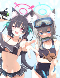 2girls absurdres animal_ear_fluff animal_ears bikini black_bikini black_hair black_one-piece_swimsuit blue_archive blue_eyes blue_halo blue_ribbon breasts bright_pupils cat_ears cat_girl collarbone commentary extra_ears fang fish goggles goggles_on_head grey_hair hair_ribbon halo highres kame_(nokonoko10271) long_hair looking_at_viewer medium_breasts medium_hair mismatched_pupils mouth_hold multiple_girls navel octopus official_alternate_costume one-piece_swimsuit one_eye_closed open_mouth pink_halo ribbon serika_(blue_archive) serika_(swimsuit)_(blue_archive) shiroko_(blue_archive) shiroko_(swimsuit)_(blue_archive) simple_background skin_fang small_breasts swimsuit twintails v very_long_hair white_background white_pupils wolf_ears wolf_girl