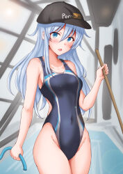 1girl anti_(untea9) black_one-piece_swimsuit blue_eyes blush breasts broom competition_swimsuit flat_cap grey_hair hat hibiki_(kancolle) highres holding holding_hose hose indoors kantai_collection long_hair one-piece_swimsuit open_mouth pool pornhub small_breasts solo swimsuit water