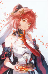 1girl absurdres bare_shoulders breasts changli_(wuthering_waves) chinese_clothes cleavage closed_mouth colored_extremities dress food gloves gradient_hair hair_between_eyes hair_ornament highres holding holding_plate kumo_ryuun long_hair looking_at_viewer meat multicolored_hair petals plate ponytail red_gloves red_hair smile solo tacet_mark_(wuthering_waves) white_dress white_hair wuthering_waves yellow_eyes
