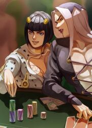 2boys absurdres black_hair blue_eyes blurry blurry_background bob_cut brown_eyes bruno_bucciarati casino cleavage_cutout clothing_cutout gambling hair_ornament highres jacket jojo_no_kimyou_na_bouken leone_abbacchio lipstick long_hair looking_at_another makeup male_focus multiple_boys pectoral_cleavage pectorals poker_chip poker_table purple_lips short_hair table togusa_jj vento_aureo white_hair white_jacket zipper zipper_pull_tab