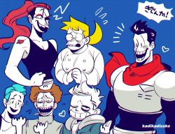 2girls 4boys alphys blonde_hair brown_hair burgerpants cigarette eyepatch glasses humanization ka_ji looking_at_viewer multiple_boys multiple_girls nice_cream_guy papyrus_(undertale) red_hair red_scarf sans_(undertale) scarf undertale undyne
