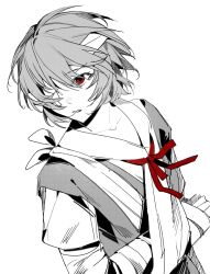 1girl arm_sling ayanami_rei bandage_over_one_eye chinese_commentary commentary from_above looking_to_the_side neck_ribbon neon_genesis_evangelion parted_lips red_eyes red_ribbon ribbon school_uniform shirt short_hair short_sleeves simple_background skirt solo spot_color tokyo-3_middle_school_uniform upper_body white_background xiaotouminglurenjia