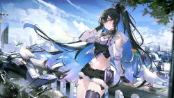 absurdres artist_request balcony bird black_hair black_thighhighs blue_hair blush cd city cloud cloudy_sky detexted dj fur_trim highres jacket jewelry leaning looking_at_viewer motor_vehicle motorcycle multicolored_hair necklace official_art open_clothes open_jacket ponytail punishing:_gray_raven purple_eyes resized selena:_capriccio_(pgr) selena_(pgr) short_shorts shorts sky smile thighhighs third-party_edit two-tone_hair upscaled