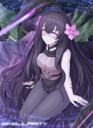 Rule 34 | 1girl, android, armor, arms at sides, bare shoulders, black hair, black leotard, breastplate, breasts, cameltoe, chocobo 283yellow, closed mouth, drone, english text, flower, hair between eyes, hair flower, hair ornament, leotard, light smile, long hair, machinery, medium breasts, mon-musu quest!, mon-musu quest: paradox, pale skin, pantyhose, pink eyes, pink petals, singularity (mon-musu quest!), sitting, sky, space, star (sky), starry sky, very long hair
