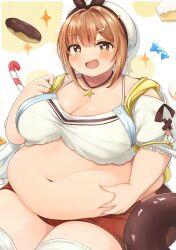 1girl atelier_(series) atelier_ryza atelier_ryza_1 belly_grab beret big_belly black_ribbon blush breasts brown_eyes brown_hair candy candy_cane cleavage crop_top detached_sleeves donut fang fat fat_woman food food_background hair_ornament hair_ribbon hairclip hand_on_own_stomach hat heart heart-shaped_pupils jewelry large_breasts navel necklace obese open_mouth red_shorts reisalin_stout ribbon shirt short_hair short_shorts shorts sitting smile solo star_(symbol) star_necklace symbol-shaped_pupils thighhighs white_background white_hat white_shirt white_thighhighs yutagami