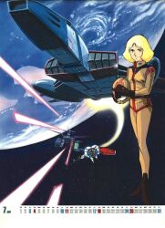 1970s_(style) 1980s_(style) 1girl artist_request beam_rifle blonde_hair calendar_(medium) core_fighter earth_(planet) earth_federation energy_beam energy_gun firing gloves gundam hangar helmet highres key_visual looking_at_viewer mecha military_uniform mobile_suit mobile_suit_gundam official_art oldschool open_hatch pilot_suit planet promotional_art retro_artstyle robot rx-78-2_gundam sayla_mass scan science_fiction shield space spacecraft spacesuit starfighter thrusters traditional_media unworn_headwear unworn_helmet v-fin vernier_thrusters weapon white_base