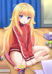 Rule 34 | 10s, 1girl, :o, barefoot, blonde hair, blue eyes, blush, book, can, computer, cup ramen, curtains, cushion, drink can, feet, female focus, food, gabriel dropout, gabriel tenma white, hair over shoulder, head tilt, highres, indoors, jacket, kazenokaze, laptop, leg hold, long hair, long sleeves, noodles, open mouth, outstretched arms, red jacket, sitting, sliding doors, soda can, solo, tissue, tissue box, toes, track jacket, very long hair, wooden floor, zipper