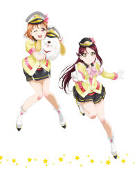 2girls ;d artbook black_skirt bow dog floating_hair full_body gloves hair_ornament hat highres holding jacket long_hair looking_at_viewer love_live! love_live!_sunshine!! miniskirt multiple_girls non-web_source official_art one_eye_closed open_mouth orange_hair pink_bow pleated_skirt red_eyes red_hair roller_skates sakurauchi_riko short_hair short_sleeves simple_background skates skirt smile standing takami_chika white_background white_gloves yellow_eyes yellow_jacket