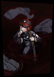 4boys ahoge aotsuki_eito asako_(pixiv_5702576) black_gloves black_hairband black_jacket black_pants blood blood_on_face blue_eyes border bright_pupils commentary corpse flipped_hair glasses gloves grey_hair grimace hairband highres holding holding_sword holding_weapon jacket last_defense_academy_school_uniform looking_at_viewer multiple_boys open_mouth pants pool_of_blood red_hair red_pupils school_uniform smile spoilers squatting sumino_takumi sword the_hundred_line_-last_defense_academy- v v_over_eye weapon white_gloves white_pupils