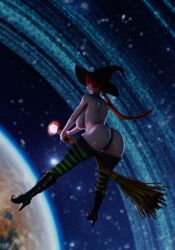 1girl ass bend bent_over boots breasts curvy female_focus from_behind hat heel_up huge_ass huge_breasts large_breasts leather long_hair looking_back magic no_panties pale_skin ponytail red_hair riding shermie_(kof) shiny_skin skyarsenic skyarsenic_(artist) socks staff the_king_of_fighters thick_lips thick_thighs thighs twintails wide_hips witch witch_hat