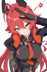 1girl arm_pouch belt_pouch beret black_jacket blush breasts collared_leotard cosplay gloves goddess_of_victory:_nikke hair_between_eyes hat highres horns jacket jin_(jjj) large_breasts long_hair long_sleeves looking_at_viewer mechanical_horns necktie pouch rapi_(nikke) rapi_(nikke)_(cosplay) red_hair red_hood_(nikke) simple_background smile solo standing thighhighs thighs two-tone_gloves very_long_hair white_background yellow_eyes