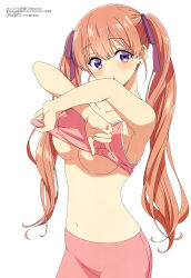1girl :o absurdres amano_erika anifar_inc. armpit_crease blush breasts collarbone copyright_name copyright_notice cowboy_shot earrings hair_ribbon head_tilt highres jewelry kakkou_no_iinazuke long_hair looking_at_viewer magazine_scan medium_breasts megami_magazine navel official_art pants parted_lips pink_hair pink_pants purple_eyes purple_ribbon ribbon scan shade simple_background solo stomach stud_earrings twintails underboob undressing very_long_hair white_background