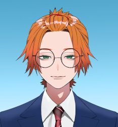 1boy blue_background blue_suit eugene_korekishi formal_clothes glasses gradient_background green_eyes hair_pulled_back highres looking_at_viewer male_focus necktie neoshoco phantom_busters portrait red_necktie round_eyewear shirt short_hair simple_background solo striped_necktie suit