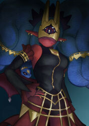 1girl black_sclera bracelet breasts colored_sclera colored_skin digimon digimon_(creature) earrings horns jewelry looking_at_viewer mask medusamon moddy_by_nature red_eyes red_skin smile snake_hair tongue tongue_out yellow_eyes