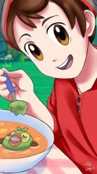 1boy artist_request brazil brown_eyes brown_hair creatures_(company) food game_freak gen_8_pokemon grookey hat looking_at_viewer meme nintendo open_mouth pokemon pokemon_(creature) pokemon_swsh severed_head shirt smile soup source_request spoon table victor_(pokemon)