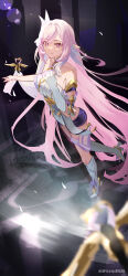 1girl absurdres bell black_shorts boots breasts chinese_commentary commentary_request corset diamond-shaped_pupils diamond_(shape) elf elysia_(herrscher_of_human:_ego)_(honkai_impact) elysia_(honkai_impact) gloves high_heel_boots high_heels highres honkai_(series) honkai_impact_3rd long_hair micro_shorts miyoushe_watermark parted_lips pink_hair pointy_ears purple_eyes shorts smile solo symbol-shaped_pupils thigh_boots veil very_long_hair watermark white_boots white_corset white_gloves white_veil xianluojimaomao2333