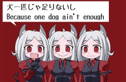3girls animal_ears bilingual_text black_gloves black_vest cerberus_(helltaker) demon_girl demon_tail dog_ears dog_girl fallout fallout_3 fang gloves hachimyaku helltaker long_hair looking_at_viewer mixed-language_text multilingual_text multiple_girls necktie red_background red_eyes red_shirt shirt smile tail triplets vest waistcoat white_hair