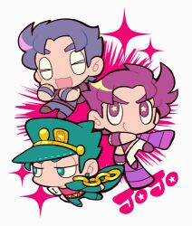 Rule 34 | 3boys, :3, belt, chain, chibi, chibi only, coat, copyright name, full body, green coat, green hair, green headwear, jojo no kimyou na bouken, jonathan joestar, joseph joestar, joseph joestar (young), kotorai, kuujou joutarou, laughing, limited palette, lowres, male focus, midriff, multiple boys, navel, necktie, open mouth, pants, pink shirt, purple hair, purple scarf, purple shirt, scarf, shirt, short hair, sideburns, sparkle, star-shaped pupils, star (symbol), striped necktie, symbol-shaped pupils, v-shaped eyebrows, white pants
