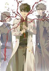 Rule 34 | 1girl, 2boys, belt, black coat, black eyes, black hair, black shirt, closed eyes, coat, confetti, hair between eyes, han sooyoung, hands in pockets, head tilt, highres, implied suicide, kim dokja, looking at another, looking back, multiple boys, narrowed eyes, omniscient reader&#039;s viewpoint, party popper, ribbon, shirt, short hair, smile, surprised, upper body, white coat, wide-eyed, yanjiejing123, yoo joonghyuk