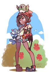 Rule 34 | 10s, 1girl, beanie, black hair, carrying, dark skin, fire, gen 7 pokemon, hat, litten, nintendo, pokemon, pokemon sm, popplio, rowlet, selene (pokemon), short shorts, shorts, vinty