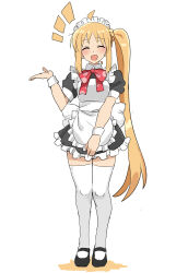 1girl ahoge apron black_dress blonde_hair bocchi_the_rock! bow bowtie braid dora_v_nu dress full_body highres ijichi_nijika maid maid_apron maid_headdress polka_dot_bowtie puffy_short_sleeves puffy_sleeves red_bow red_bowtie short_dress short_sleeves side_ponytail sidelocks solo thighhighs white_thighhighs wrist_cuffs zettai_ryouiki