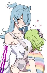 2girls absurdres between_breasts blue_hair breast_smother breasts closed_eyes closed_mouth daydarion elira_pendora face_to_breasts green_hair head_between_breasts heart highres ichika_maia indie_virtual_youtuber large_breasts long_hair mole multiple_girls nijisanji nijisanji_en overalls short_hair simple_background smile standing sweat virtual_youtuber white_background
