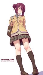 1girl arms_behind_back bag black_socks brown_bag brown_hair brown_jacket brown_shoes cardigan copyright_name dated from_below highres jacket jagi_(jagi_souken) kneehighs loafers looking_to_the_side pleated_skirt school_uniform shoes shoulder_bag skirt smile socks solo standing toki_ayano yurucamp