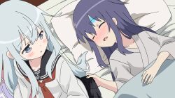 2girls akatsuki_(kancolle) alternate_costume blue_hair blush clothes_grab futon grey_eyes hibiki_(kancolle) highres kantai_collection long_hair multiple_girls neckerchief no_headwear open_mouth parody pillow school_uniform serafuku skirt skirt_grab skirt_tug sleeping sleepwear sugapi tonari_no_kyuuketsuki-san white_hair