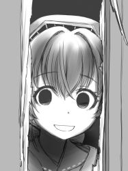 1girl bandana crossed_bangs ebifly empty_eyes greyscale grin hair_between_eyes hair_intakes hair_ornament headgear here&#039;s_johnny!_(meme) highres jingei_(kancolle) kantai_collection looking_at_viewer meme monochrome open_mouth parody portrait revision signature smile solo the_shining yandere