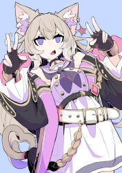 Rule 34 | 1girl, absurdres, animal ear fluff, animal ears, belt, black choker, black gloves, black jacket, black neckerchief, blue background, bracelet, cat ears, cat girl, cat tail, choker, cowboy shot, double-parted bangs, double v, dress, dutch angle, fingerless gloves, frilled sleeves, frills, gloves, gold bracelet, grey hair, highres, jacket, jewelry, long hair, neckerchief, neo-porte, off shoulder, open mouth, purple eyes, sailor collar, sleeveless, sleeveless dress, tail, tetsu booya, v, virtual youtuber, white dress, yozuna niu