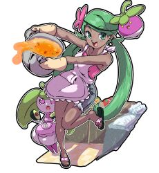 2girls :d absurdres apron avocado black_shoes bounsweet breasts colored_skin cooking_pot creatures_(company) dark-skinned_female dark_skin flower full_body game_freak gen_7_pokemon gloves green_eyes green_hair grey_overalls hair_flower hair_ornament highres holding holding_cooking_pot long_hair looking_at_viewer mallow_(pokemon) monster_girl multicolored_skin multiple_girls nintendo open_mouth oven_mitts overall_shorts overalls pink_apron pink_eyes pink_flower plant_girl pokemon pokemon_(creature) pokemon_sm positibe purple_skin sandals shoes simple_background smile standing steenee swept_bangs twintails two-tone_skin white_background white_skin yellow_gloves